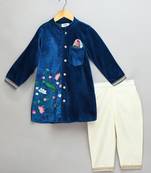 Blue printed velvet kurta pyjama