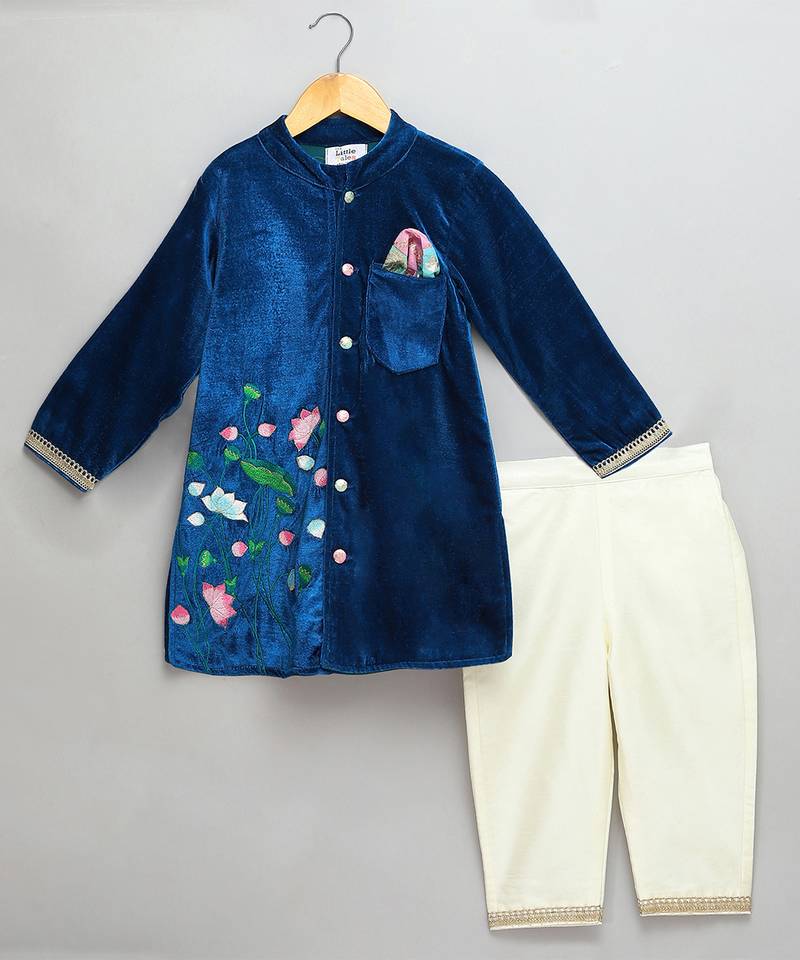 Blue printed velvet kurta pyjama