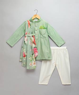 Green printed cotton silk Boy's Kurta Pyjama 1