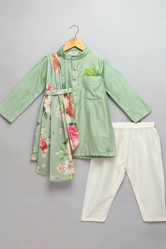 Green printed cotton silk kurta pyjama