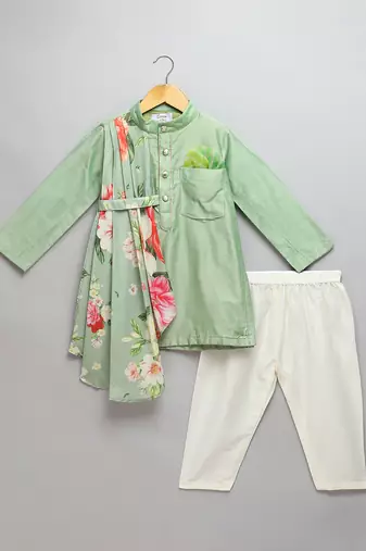 Green printed cotton silk kurta pyjama