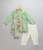 Green printed cotton silk kurta pyjama