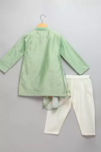 Green printed cotton silk Boy's Kurta Pyjama