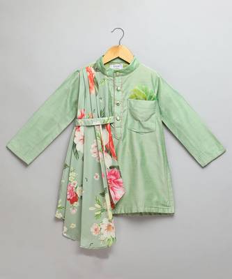Green printed cotton silk Boy's Kurta Pyjama 3
