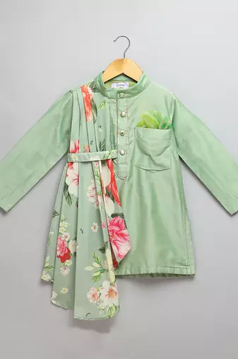 Green printed cotton silk Boy's Kurta Pyjama