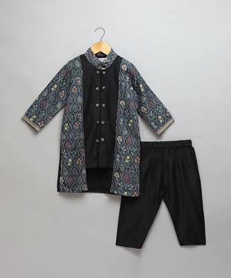 Black printed cotton silk Boy's Kurta Pyjama 1