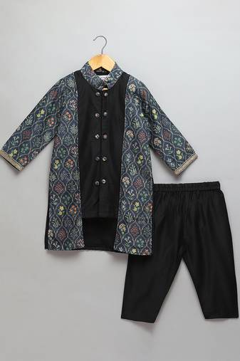 Black printed cotton silk kurta pyjama
