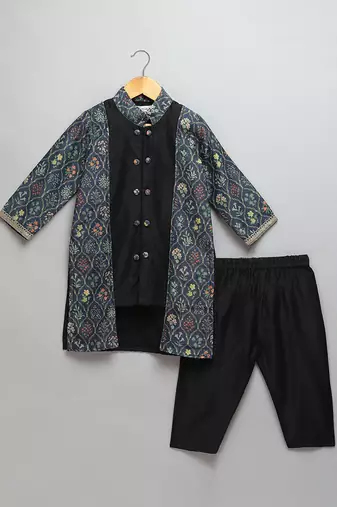Black printed cotton silk kurta pyjama