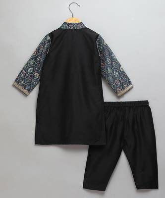 Black printed cotton silk Boy's Kurta Pyjama 2