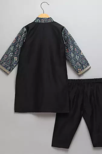 Black printed cotton silk kurta pyjama
