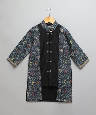 Black printed cotton silk Boy's Kurta Pyjama 3