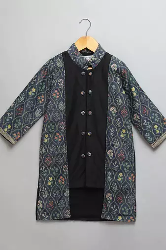 Black printed cotton silk kurta pyjama
