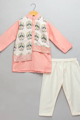 Peach printed cotton silk kurta pyjama