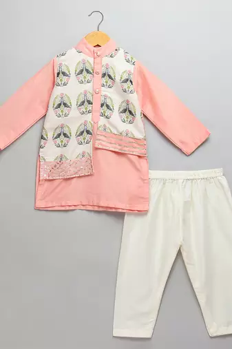 Peach printed cotton silk kurta pyjama