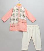 Peach printed cotton silk kurta pyjama