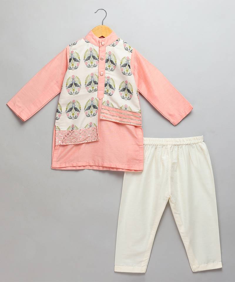Peach printed cotton silk kurta pyjama