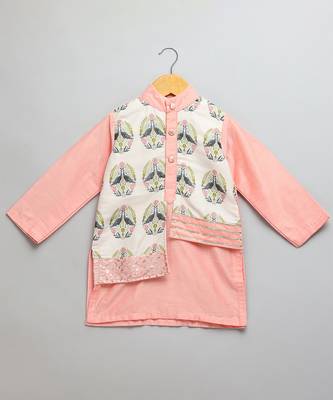 Peach printed cotton silk Boy's Kurta Pyjama 3