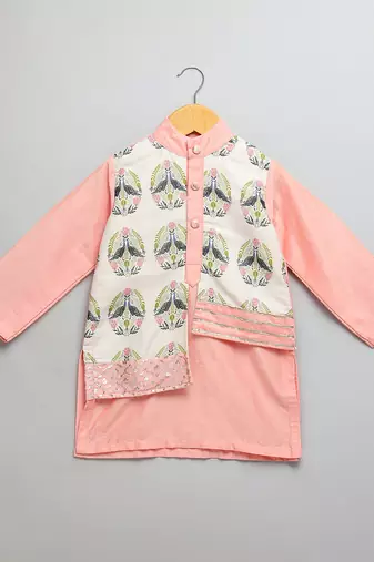 Peach printed cotton silk Boy's Kurta Pyjama