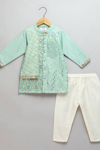 Green printed cotton silk kurta pyjama