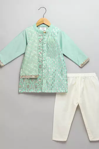 Green printed cotton silk kurta pyjama