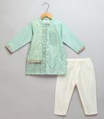 Green printed cotton silk kurta pyjama