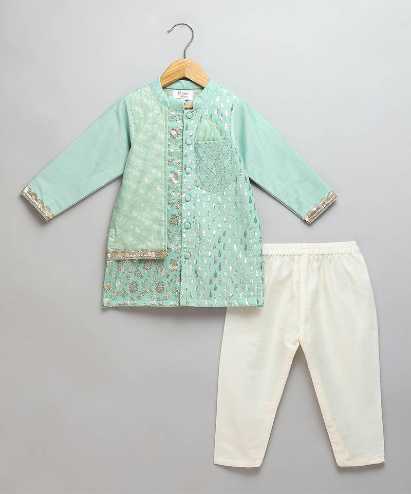 Green printed cotton silk kurta pyjama
