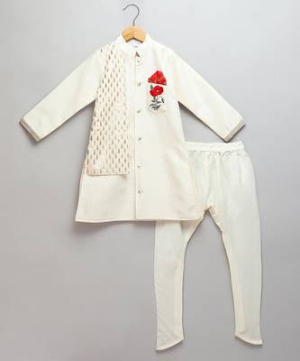 White printed cotton silk Boy's Bandhgala and Pant 1