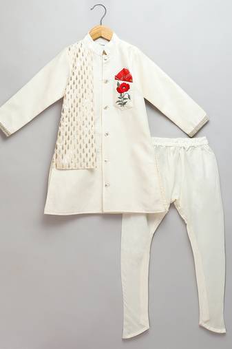 White printed cotton silk bandhgala set