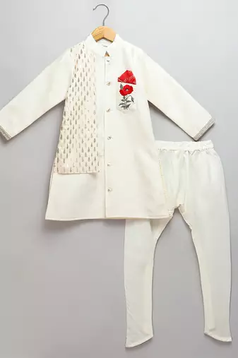 White printed cotton silk bandhgala set