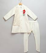 White printed cotton silk bandhgala set