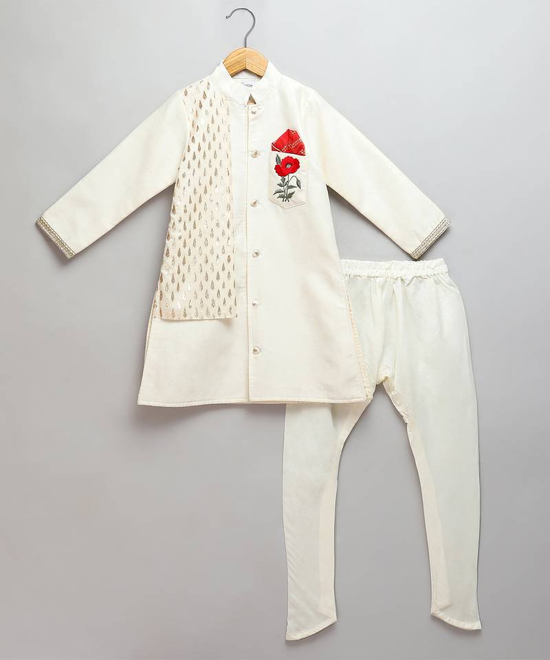 White printed cotton silk bandhgala set