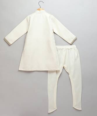White printed cotton silk Boy's Bandhgala and Pant 2