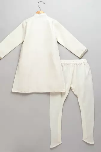White printed cotton silk Boy's Bandhgala and Pant