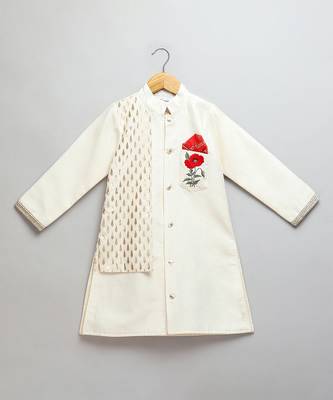 White printed cotton silk Boy's Bandhgala and Pant 3