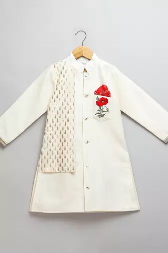 White printed cotton silk Boy's Bandhgala and Pant