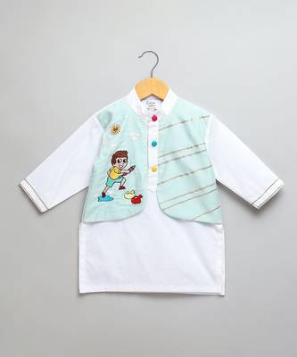 blue printed cotton Boy's Kurta Pyjama 3