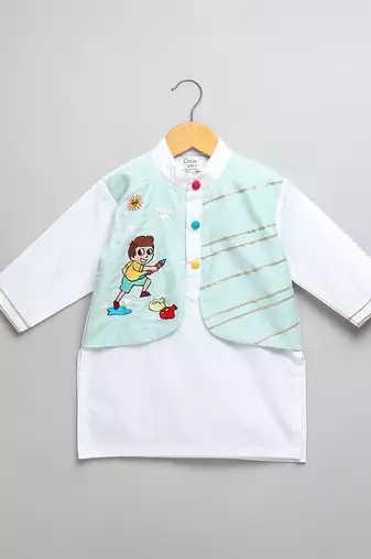 blue printed cotton Boy's Kurta Pyjama