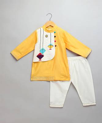 Yellow printed cotton silk Boy's Kurta Pyjama 1