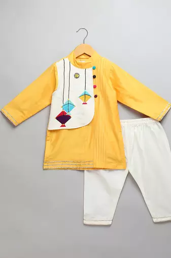 Yellow printed cotton silk kurta pyjama