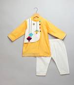 Yellow printed cotton silk kurta pyjama