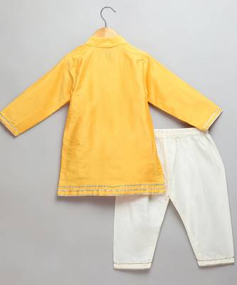 Yellow printed cotton silk Boy's Kurta Pyjama 2