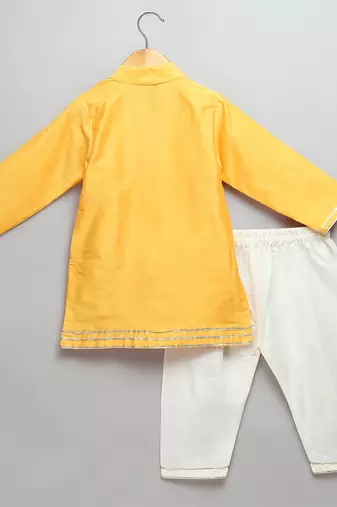 Yellow printed cotton silk kurta pyjama