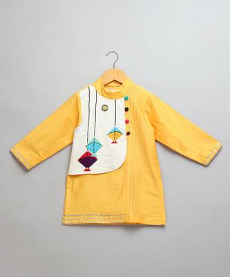 Yellow printed cotton silk Boy's Kurta Pyjama 3