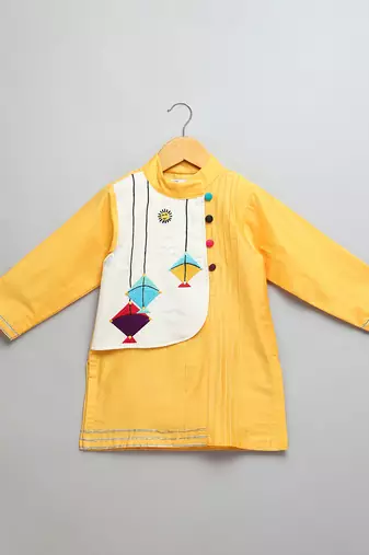 Yellow printed cotton silk kurta pyjama