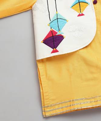 Yellow printed cotton silk Boy's Kurta Pyjama 5