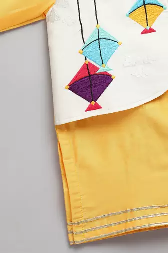 Yellow printed cotton silk kurta pyjama