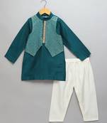 Green printed cotton silk kurta pyjama