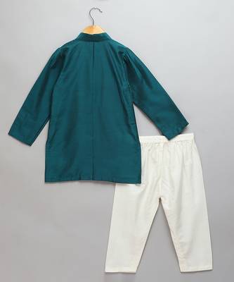 Green printed cotton silk Boy's Kurta Pyjama 2