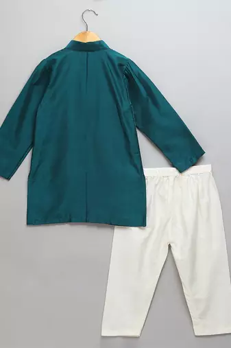 Green printed cotton silk Boy's Kurta Pyjama