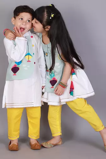 Multicolor printed cotton silk Boy's Kurta Pyjama